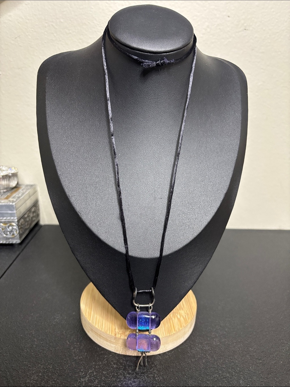 Iridescent Brutalist Purple-Blue Double Glass Pendant on Black Cord
